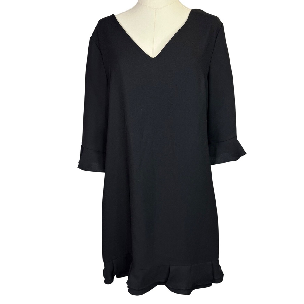 CeCe Black V-Neck Ruffle Hem Shift Dress Size 10 Three-Quarter Sleeve Crepe
